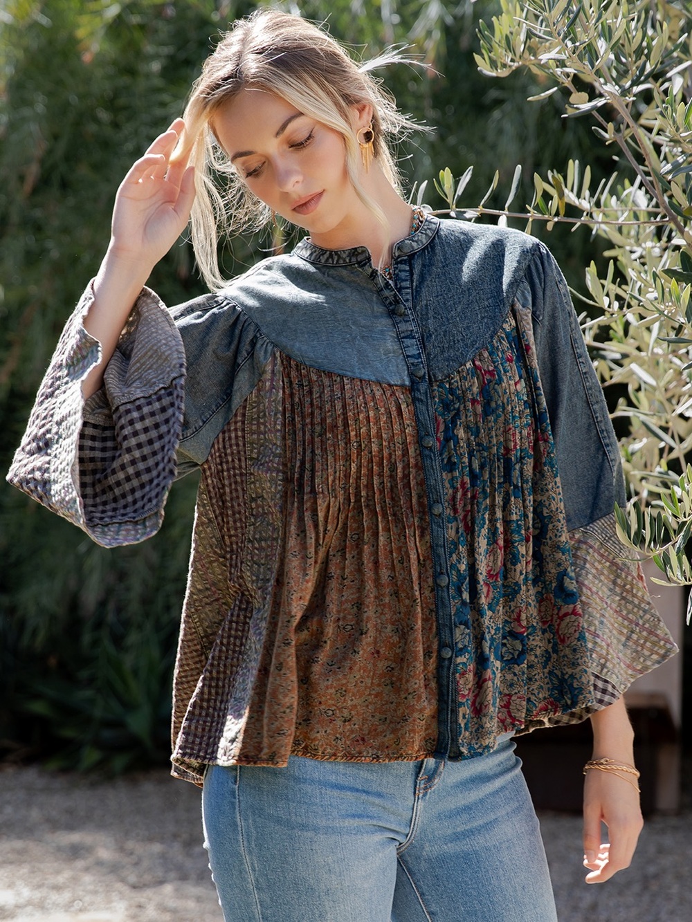 #301 New! Boho Patchwork Flare Top - Multicolor
